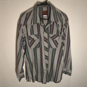 Rustler XL Pearl Snap Western Shirt Gray Teal Purple Stripe Long Tail Vintage